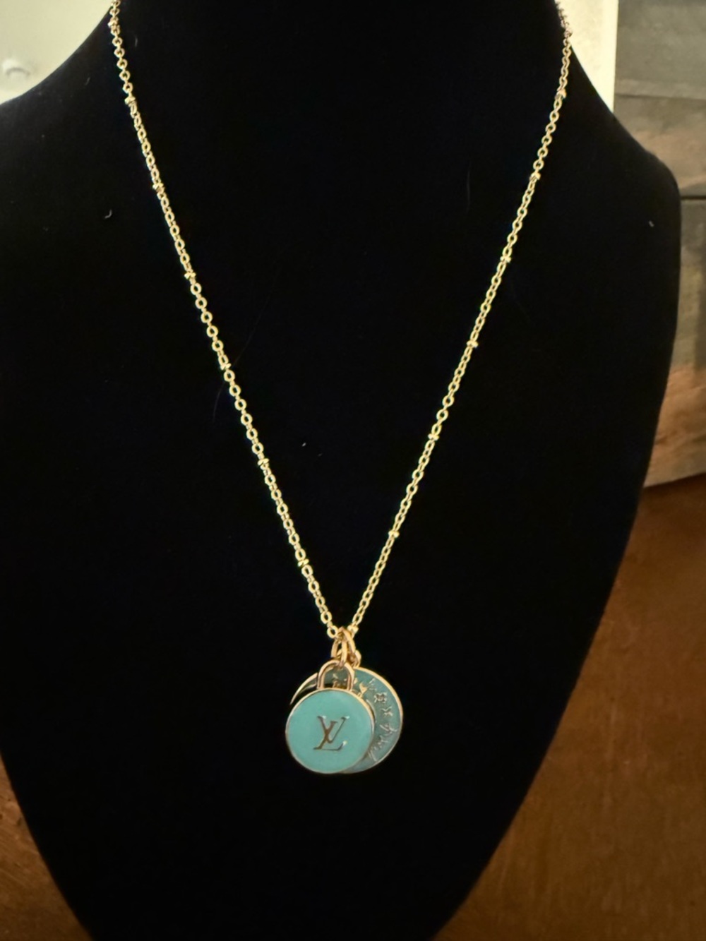 Louis Vuitton Gold Chain Necklace with Turquoise and Gold Discs